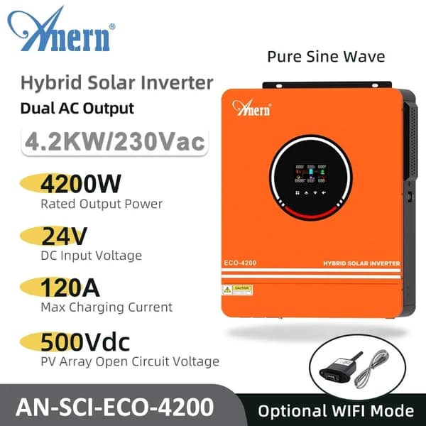 Hybridiaurinkoinvertteri, 4200W teho, korkea hyötysuhde 98%,ECO 4.2KW WIFI, 220-240V, 24V tai 48V