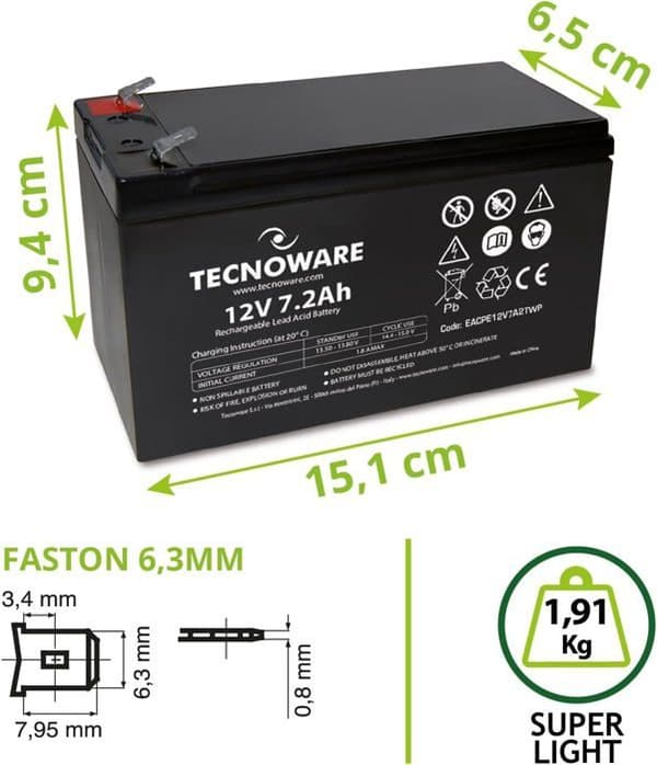 Tecnoware 12V förseglat blybatteri 7Ah Kapacitet - för växelriktare, CCTV och larmsystem - Faston Terminal 6,3m