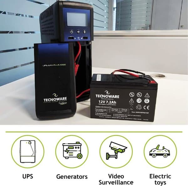 Tecnoware 12V förseglat blybatteri 7Ah Kapacitet - för växelriktare, CCTV och larmsystem - Faston Terminal 6,3m