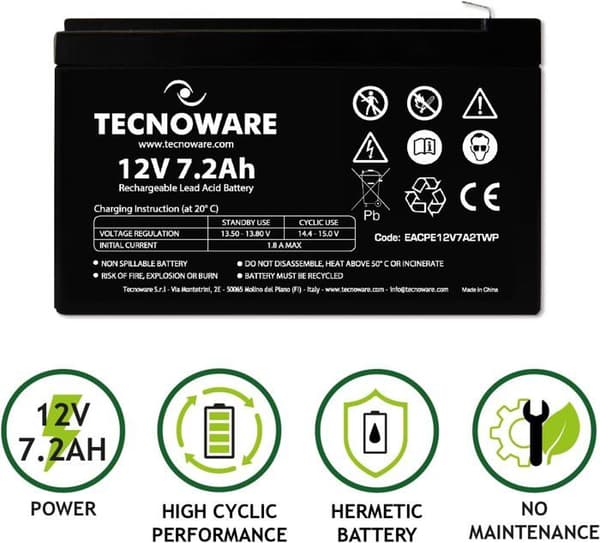 Tecnoware 12V förseglat blybatteri 7Ah Kapacitet - för växelriktare, CCTV och larmsystem - Faston Terminal 6,3m
