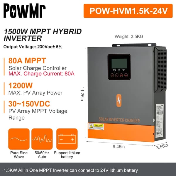 Solom Inverter, Hybrid Funktionalitet, MPPT Solcelleladningskontrol, 1KW 12V, 220-240V, Ingen WI-FI