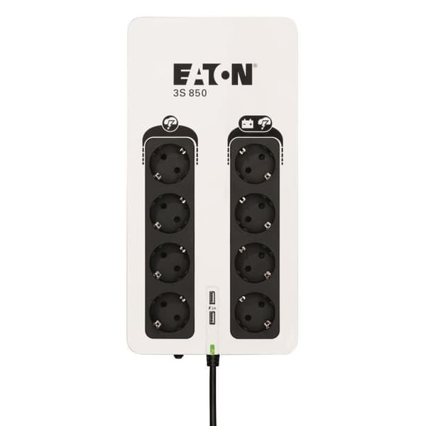 Växelriktare/grenuttag/blixtskydd - EATON 3S 850 DIN - Off-line UPS - 3S850D - 850VA (8 DIN-uttag + 2 USB-laddningsportar) Svart, Vit