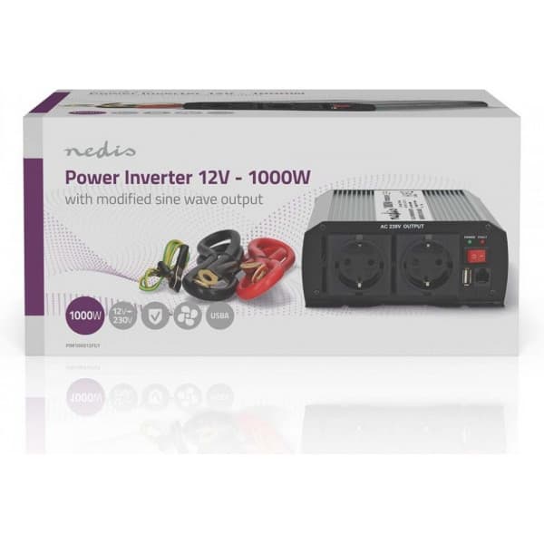 Nedis PIM100012FGY inverter, 12 V, 1000 W, modifierad sinusvåg