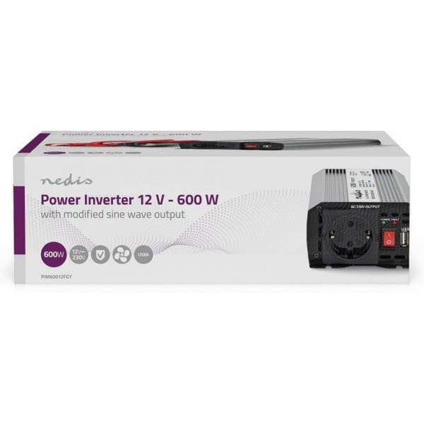 Nedis PIM60012FGY inverter, 12 V, 600 W, modifierad sinusvåg