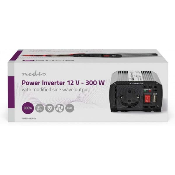Nedis PIM30012FGY inverter, 12 V, 300 W, modifierad sinusvåg