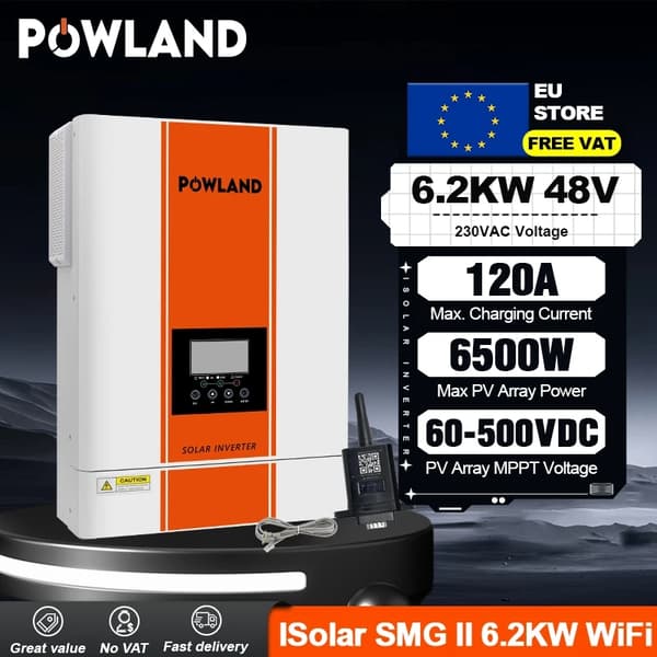 Hybrid Solcelle Inverter, 6.2KW Kapacitet, Ren Sinus Bølge Output,220-240V, SMG-II-6.2K-Trådløs, 48V