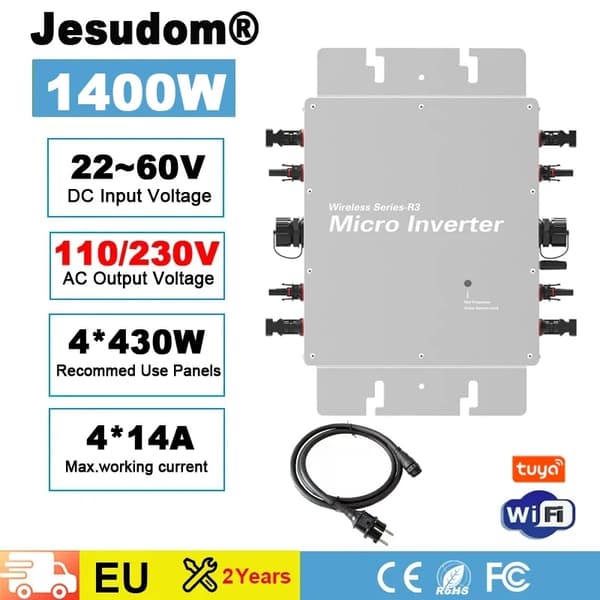 Mikroaurinkoinvertteri, 1400W tehon ulostulo, WiFi-seurantakyky,Sinun WVC-1400W, 110V230VAC 50HZ60HZ110V230VAC 50HZ60HZ, 22V-60VDC
