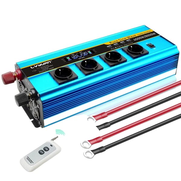 Inverter, 6000W toppkraft, ren sinusvåg utgång,DC12V, 220V 50Hz, 8000W topp 4 uttag