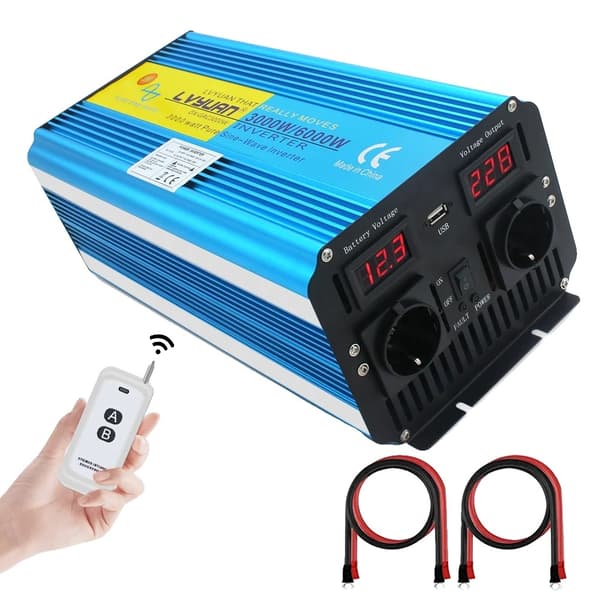 Inverter, 6000W toppkraft, ren sinusvåg utgång,DC12V, 220V 50Hz, 8000W topp 4 uttag