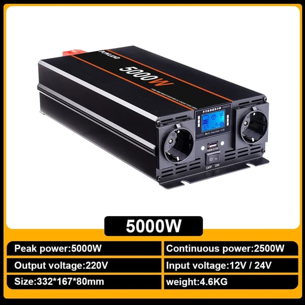 Bærbar Strømomformer, Spidseffekt 5000W, Kontinuerlig Effekt 2500W,5000W, 12V, 220-240V