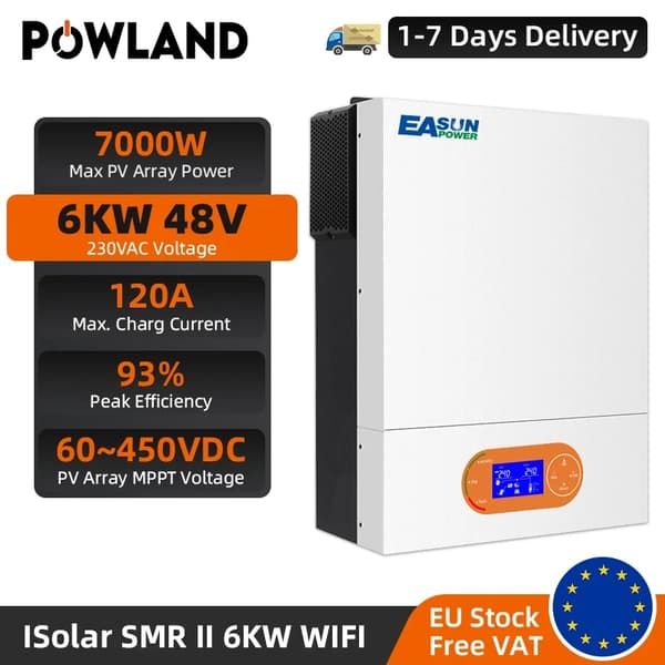 EASUN POWER 6KW Hybrid Sol inverter, 93% maksimal effektivitet, maksimal PV indgang 500VDC,SMR-II-6KW-Wifi