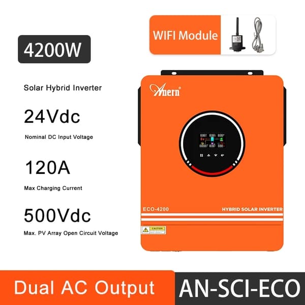 Hybrid sol inverter, 4200W / 6200W effektudgang, ren sinuskurve,220-240V, ECO 6200W 48V WIFI