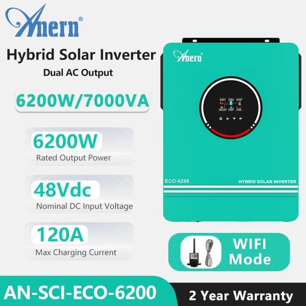 Hybrid sol inverter, 6200W nominel effekt, 6500W maksimal indgangseffekt,ECO 6.2KW med WIFI
