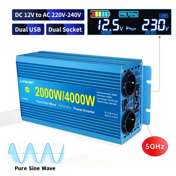 Virta-invertteri, 2000W jatkuva teho, 4000W huipputehon,12V220V EU