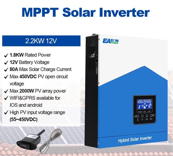 EASUN POWER Hybrid Solarinverter, 2200VA Ren Sinusvåg, 80A MPPT Solcellsregulator,SMH-II-2.2K-WiFi