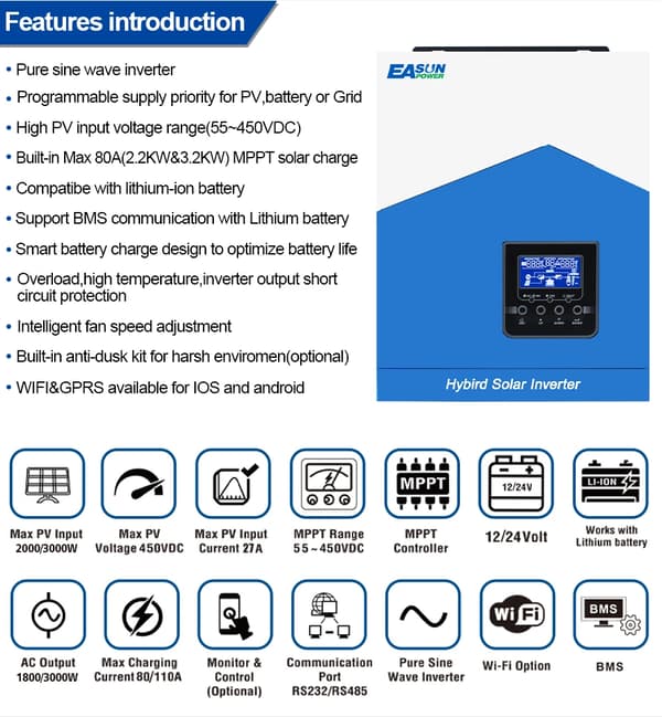 EASUN POWER Hybrid Solarinverter, 2200VA Ren Sinusvåg, 80A MPPT Solcellsregulator,SMH-II-2.2K-WiFi
