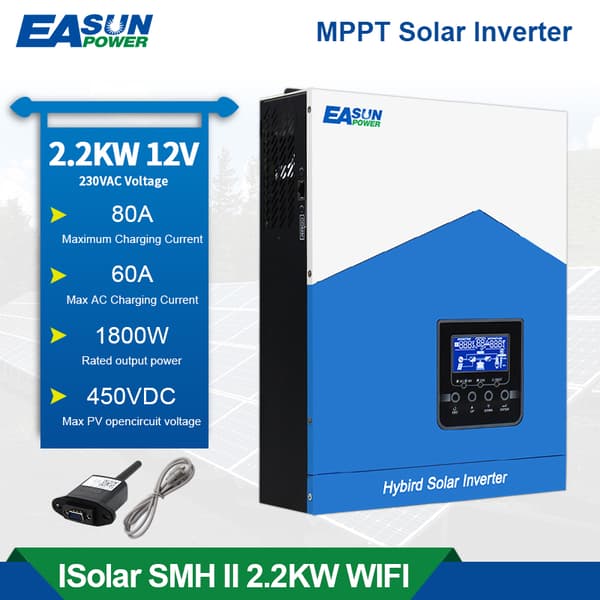 EASUN POWER Hybrid Solarinverter, 2200VA Ren Sinusvåg, 80A MPPT Solcellsregulator,SMH-II-2.2K-WiFi