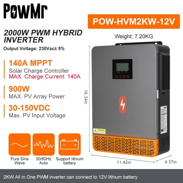 Hybrid sol inverter, 3200W output, 140A MPPT-controller,Ingen WIFI, 220-240V, 2KW 12V