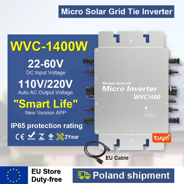 Mikroinvertteri, useita teholähtöjä, automaattinen jännitteenvaihto,22-60VDC, WVC-1400, 110V230V Automaatti Kytkin