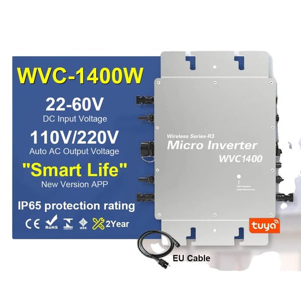 Mikroinvertteri, useita teholähtöjä, automaattinen jännitteenvaihto,22-60VDC, WVC-1400, 110V230V Automaatti Kytkin