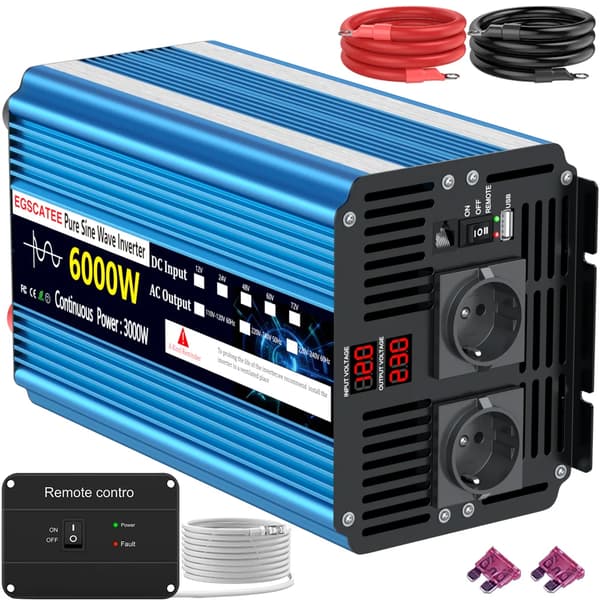 Puhdas sinimuotoinen invertteri, 6000W huipputeho, 3000W jatkuva teho,12V 230V 6000W EU