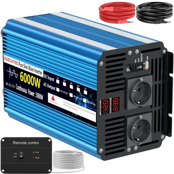 Puhdas sinimuotoinen invertteri, 6000W huipputeho, 3000W jatkuva teho,12V 230V 6000W EU