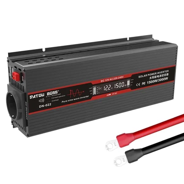 DATOUBOSS Puhdas Sinimuotoinen Invertteri, 1500W Teho, 90% Muunnos Tehokkuus,Musta 12V 1500W
