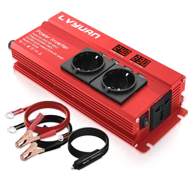 2600W Tehoinvertteri, 3 AC-pistoketta, 4 USB-porttia,12 V 2600W punainen EU