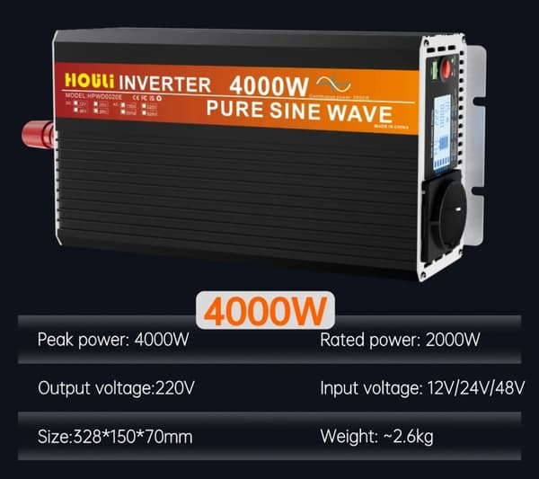 HOULI Puhdas Sinimuotoinen Invertteri, Huipputeho 6000W, Jatkuva Teho 3000W,4000 W, 12 V, 220 V