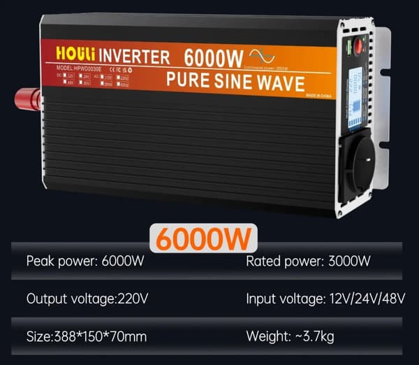 HOULI Ren Sinus Inverter, Spidseffekt 6000W, Kontinuerlig Effekt 3000W,6000W, 220v, 12v