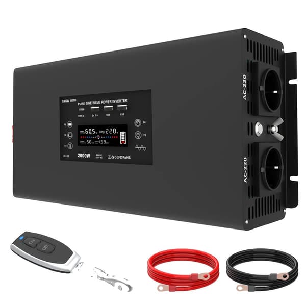 Ren sinusvågsomvandlare, 2000W kontinuerlig effekt, LCD-display, flera utgångsgränssnitt,DC 60V till 220V EU