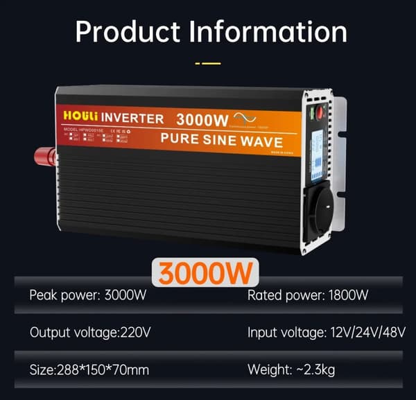 HOULI Puhdas Sinimuotoinen Invertteri, Huipputeho 6000W, Jatkuva Teho 3000W,3000 W, 12 V, 220 V
