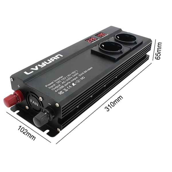 Bilomformer, 6000W spidseffekt, 1300W kontinuerlig effekt,EU 12V Sort