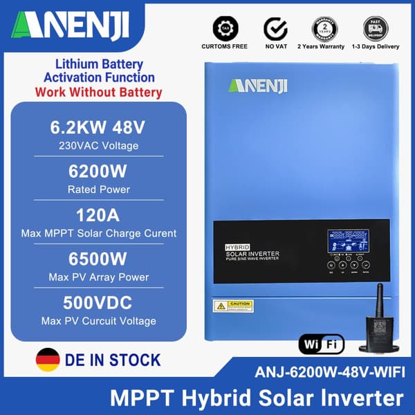 Hybrid Solar Inverter, 6200W Teho, WiFi-yhteensopiva, Puhtaan Sinimuotoisen Aallon,ANJ-6200W 48V WiFi, 220-240V, 48 V