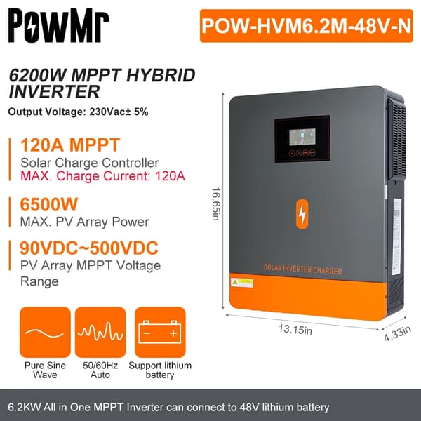 Hybrid sol inverter, 6.2KW/4.2KW nominell effekt, MPPT 120A laddningsström,6,2KW 48V-varm, 220-240V, Inget wifi