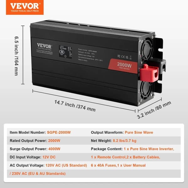 VEVOR Puhdas Sinimuotoinen Invertteri, 1000W tai 2000W Teho, 120V AC Ulostulo,2000W