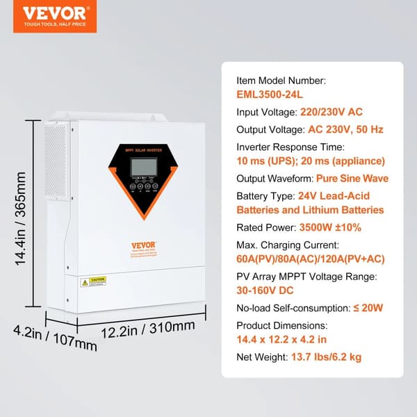 Hybrid Solar Inverter, 3500W Nimellisteho, Puhtaan Sinimuotoisen Aallon Ulostulo,3500 W