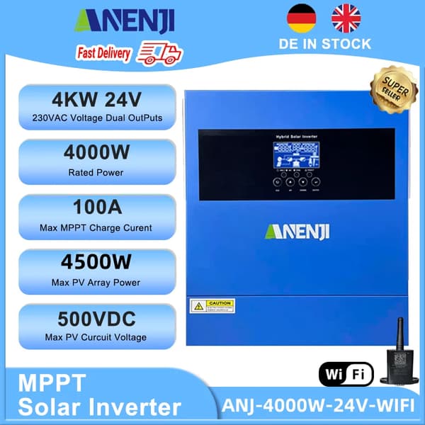 Hybrid Solar Inverter, 4000W Nimellisteho, 100A MPPT Latausvirta,ANJ-4000W-24V-WIFI