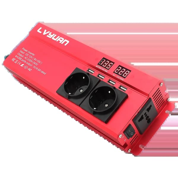 Strømomformer, 1300W kontinuerlig effekt, 6000W spidseffekt,12V-220V-EU-Rød