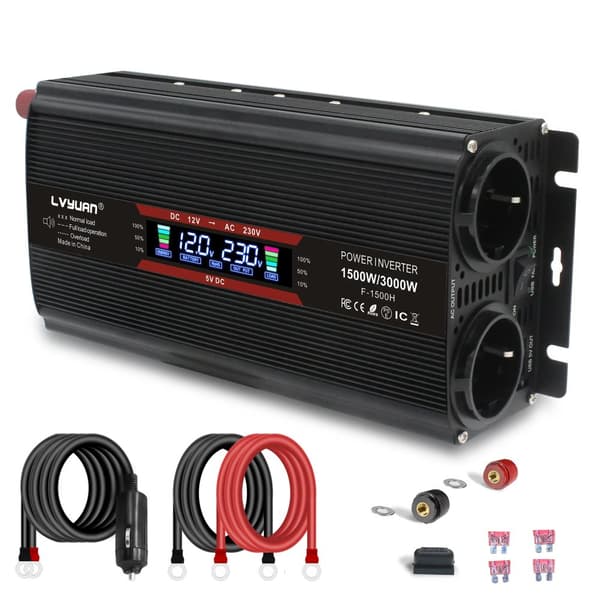 Effektomvandlare, 3000W/4000W topputgång, universell/EU-kontakt,3000W svart LCD EU, DC12V, AC220-240V