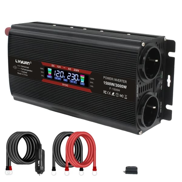 Effektomvandlare, 3000W/4000W topputgång, universell/EU-kontakt,3000W svart LCD EU, DC12V, AC220-240V