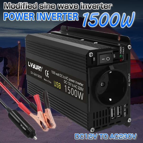 Bärbar effektomvandlare, modifierad sinusvåg, USB-laddningsfunktion,M1500W-12V-220V