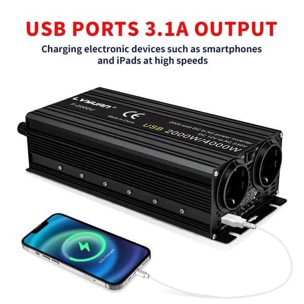 Bilens Strømomformer, 2600W Spidseffekt, USB Opladningsporte,4000W peak LED