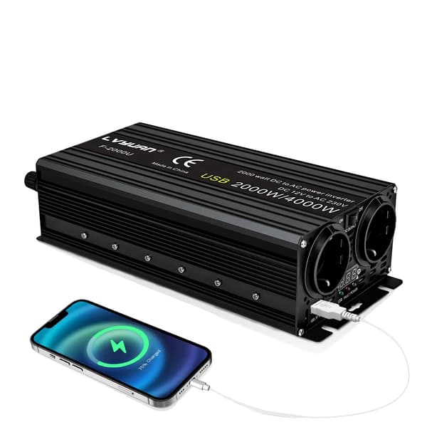 Bilens Strømomformer, 2600W Spidseffekt, USB Opladningsporte,4000W peak LED
