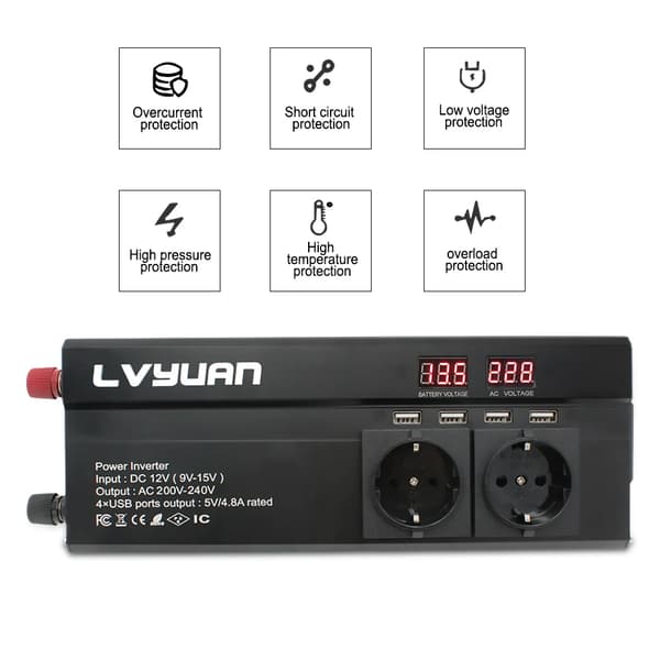 Bilens strømomformer, 12V DC til 220V AC, 90% konverteringseffektivitet,12V EU Sort