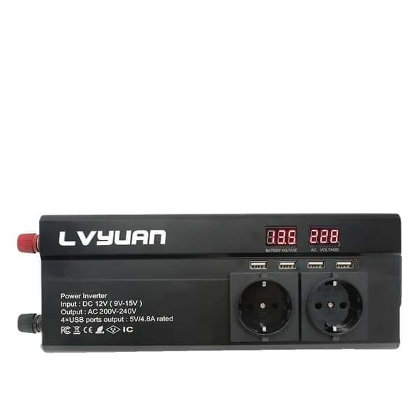 Bilens strømomformer, 12V DC til 220V AC, 90% konverteringseffektivitet,12V EU Sort