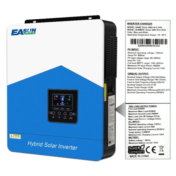 Hybrid sol inverter, 6,2 kW nominel effekt, 48V batterispænding,SMH 6,2KW ingen wifi, 220-240V