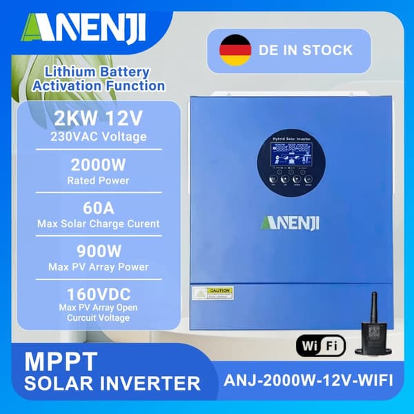 2KW MPPT Solarinverter, 2000W Nominell Effekt, 60A Solarbatteriladdningsström,ANJ-2000W-12V-WIFI, 220-240V, 12V