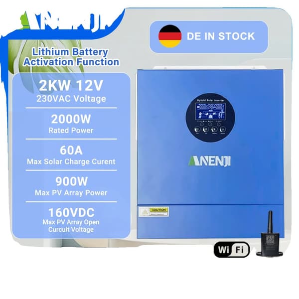 2KW MPPT Solarinverter, 2000W Nominell Effekt, 60A Solarbatteriladdningsström,ANJ-2000W-12V-WIFI, 220-240V, 12V