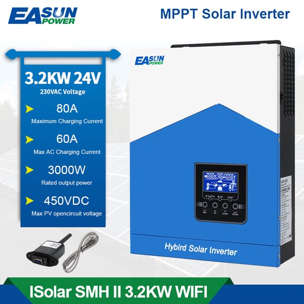 EASUN Hybrid Solar Inverter, 3000W Nimellisteho, Puhtaan Sinimuotoisen Aallon Ulostulo,SMH-II-3.2K-WiFi